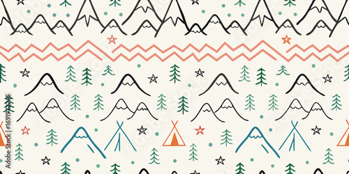 Whimsical hand drawn mountain and forest pattern with tents and stars for children