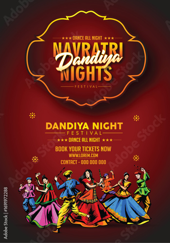 Illustration of couple playing Garba and Dandiya in Navratri Celebration and dandiya night,  Gujarati Garba Night poster for Navratri Dussehra festival of India
