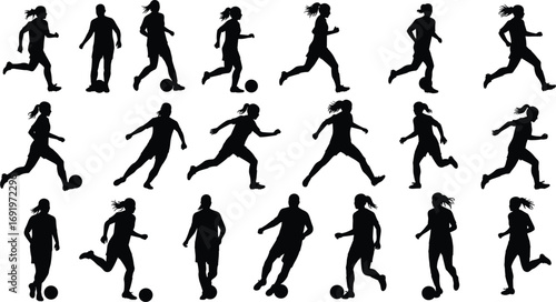 Dynamic Silhouette Illustration of Female Soccer Players in Action, Running, Kicking, Dribbling, and Scoring, Athletic Sports Concept