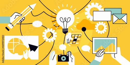 Diverse hands collaborate on a vibrant yellow background illustrating a creative process with a lightbulb gears and communication elements