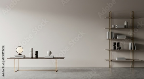 Minimalist room table with decor tall bookshelf neutral walls concrete floor