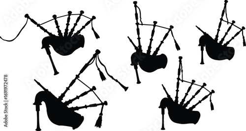 Collection of black silhouette bagpipes in various poses, showcasing the traditional Scottish musical instrument in different positions and angles.