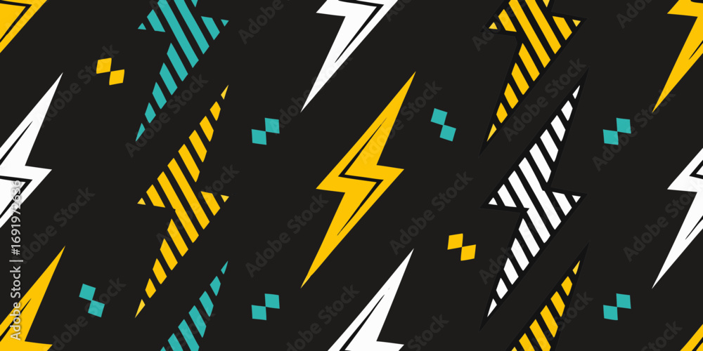 Dynamic retro lightning bolt pattern with teal and yellow accents on black background