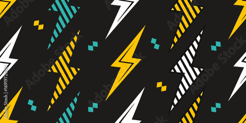 Dynamic retro lightning bolt pattern with teal and yellow accents on black background