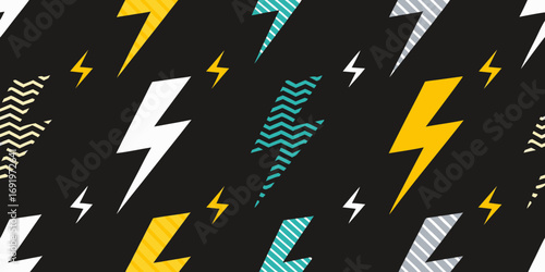 Energetic seamless pattern of colorful lightning bolts on a black background with a retro vibe