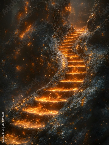 A winding staircase ascends through dark rocky terrain illuminated by glowing embers and fiery sparks