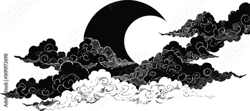 Black and white moon and clouds illustration vector drawing night sky celestial art design graphic element
