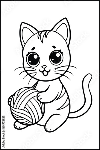 Cute cartoon cat with ball of yarn kitten playing