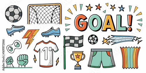 Collection of hand drawn soccer elements including a goal ball cleats jersey trophy and the word goal
