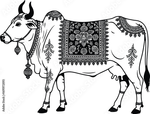 Decorated cow illustration vector art black and white indian hindu traditional animal design graphic artwork