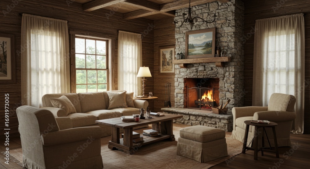 Fototapeta premium Rustic living room wstone fireplace sofa armchairs wooden walls and coffee table
