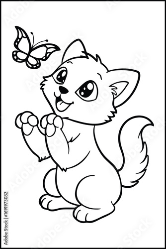 Cartoon kitten looking up at a butterfly insect animal