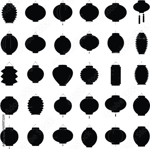 Various chinese lanterns silhouette vector collection asian lamp celebration decoration festival graphic set
