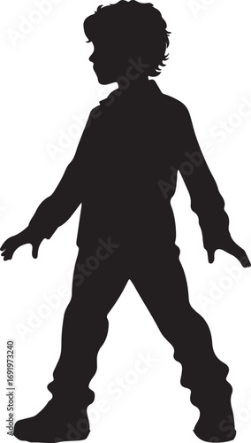 The image is a black silhouette of a child, seemingly a boy, standing in a three-quarter view, arms slightly outstretched, with short, somewhat curly hair and shoes.