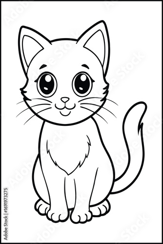 Black and white cartoon illustration of a cute kitten