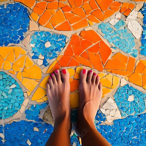 Bare feet on vibrant mosaic floor