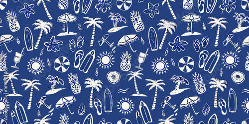 Seamless pattern of hand drawn summer vacation icons including palm trees pineapples surfboards and umbrellas in blue and white