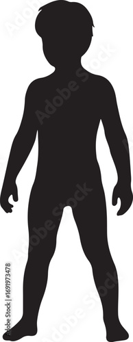 The image shows a full-body silhouette of a child, standing with legs apart and arms slightly bent at the elbows, facing forward.