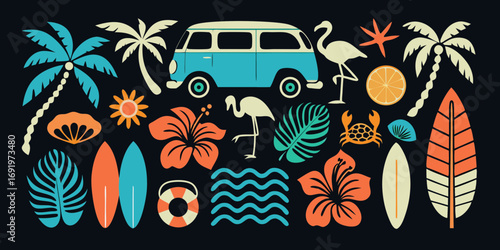 Retro summer vacation elements featuring a camper van flamingos palm trees and surfboards
