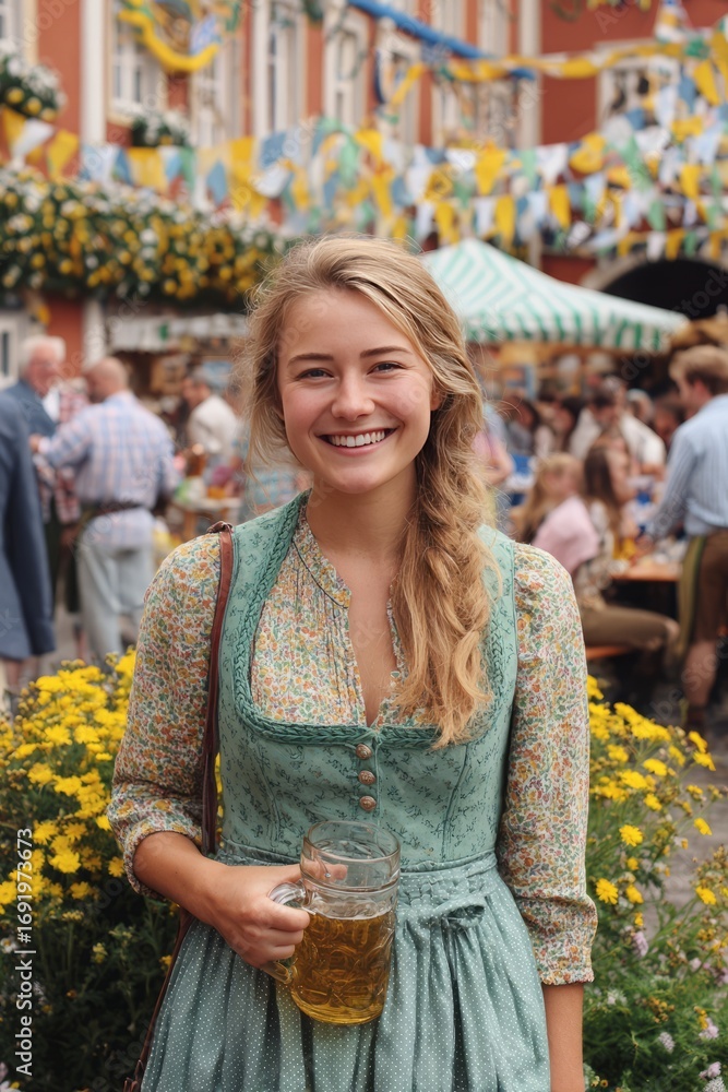 Obraz premium Smiling woman in dirndl holding beer at festive outdoor celebration event. Oktoberfest celebration