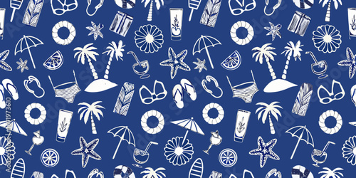 Whimsical hand drawn summer beach vacation icons pattern on blue background