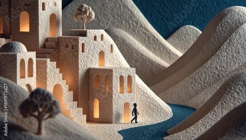 Miniature village nestled in sculpted hills at night