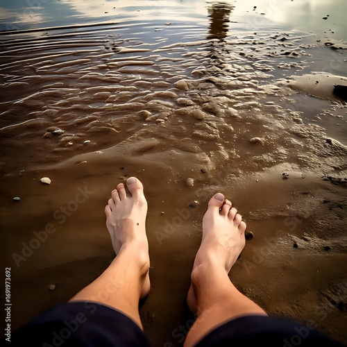 Bare feet on wet sand at the water's edge
