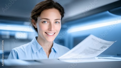 Focused Female Employee Copying Documents with Professional Smile