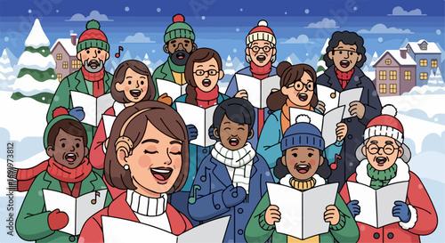 A diverse and inclusive group of people of all ages, singing Christmas carols together in a snowy winter landscape, celebrating the festive holiday spirit
