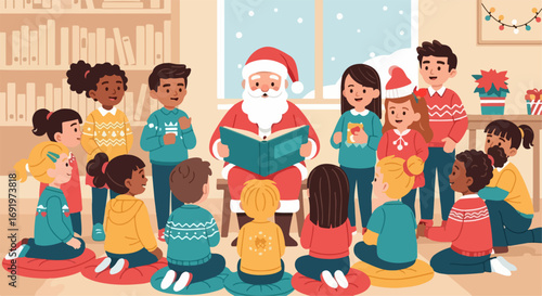 Santa Claus Reading an Inclusive Christmas Story to a Diverse Group of Children, Spreading Holiday Cheer