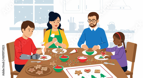 A heartwarming illustration of a diverse and inclusive family celebrating a joyful Christmas by decorating holiday cookies together