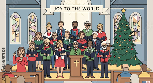 Inclusive Christmas choir singing joyfully in church with stained glass windows and a decorated tree, celebrating the holiday spirit together