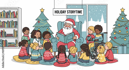An inclusive Christmas storytime with a diverse group of children listening to Santa Claus read a magical holiday book in a library