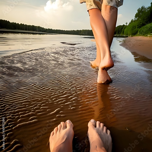 Barefoot couple walking on a sandy shoreline
