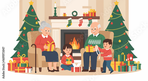 Inclusive Christmas Family Gathering Grandparents and Grandchildren Enjoying the Festive Season with Gifts and Cozy Fireplace