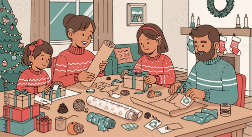 An inclusive family sharing a joyful moment wrapping Christmas presents together, embracing the festive spirit of the holiday season