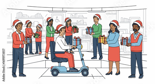 An inclusive Christmas celebration a diverse group of people of all abilities exchanging gifts, spreading holiday cheer and goodwill