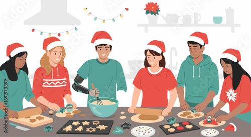 Inclusive Christmas Baking Diverse Friends Crafting Holiday Cookies Together with Joyful Spirit and Shared Festive Cheer