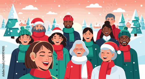 Joyful and inclusive Christmas gathering featuring a diverse group celebrating community spirit and the magical winter holiday season with smiles and warmth