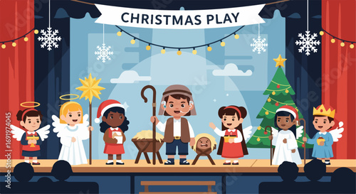 A delightful and inclusive Christmas play showcasing children from various backgrounds bringing the beloved nativity story to life on stage, fostering community spirit and festive joy