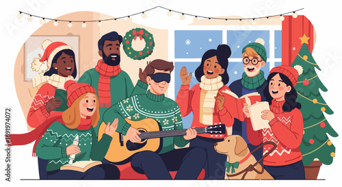A Diverse Group of People Celebrating an Inclusive Christmas Together, Singing Carols and Playing Music, Spreading Festive Cheer in a Cozy Home Setting