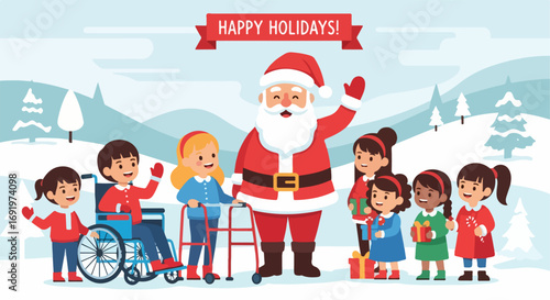 Joyful and inclusive Christmas scene, Santa Claus brings holiday cheer to a diverse group of children, celebrating togetherness and festive spirit in a snowy wonderland