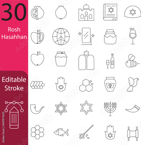Rosh Hashanah line icon set, Jewish New Year symbols, editable stroke vector collection with pomegranate, apple, honey, shofar, Torah, Star of David, menorah, dove, fish, wine, globe, and traditional 