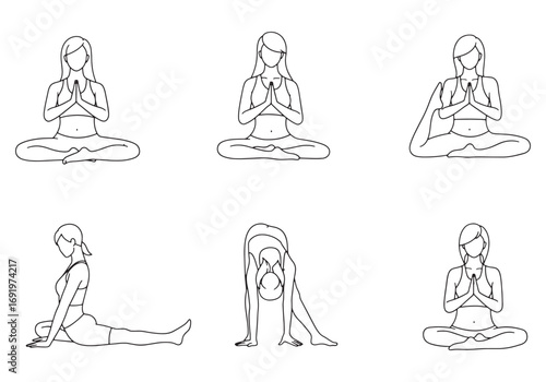 Yoga Poses Line Art Collection: Woman Practicing Various Asanas for Health and Wellness