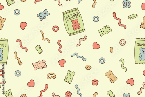 Seamless pattern of gummy candies and marmalade. Colorful juicy chewy sweets, teddy bears and soft marmalade, chewing fruits and berries, children's pharmacy collection isolated on yellow. 