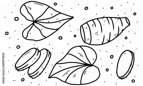 Seamless vector art illustration of plants and tubers pattern with leaves and taro for nature inspired designs