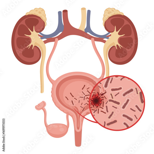 Urinary Tract Infection (UTI) Diagram with Detailed Bladder Inflammation and Bacterial Presence