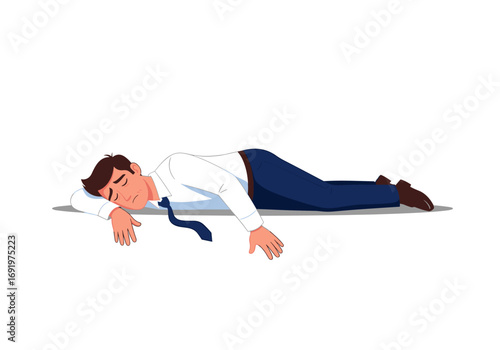 A tired businessman sleeping on the floor exhausted after a long day at work
