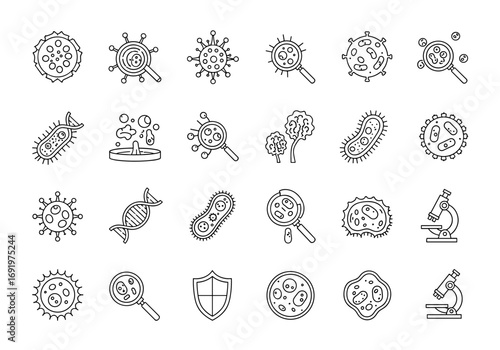 Collection of microscopic organisms and scientific research tools icons for biological studies