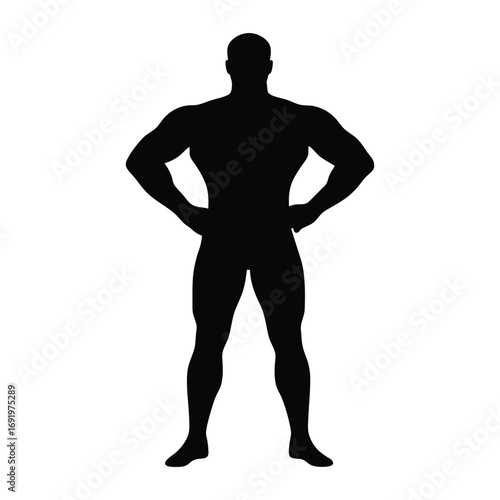 Silhouette of muscular man bodybuilder posing with hands on hips for fitness and gym concept design